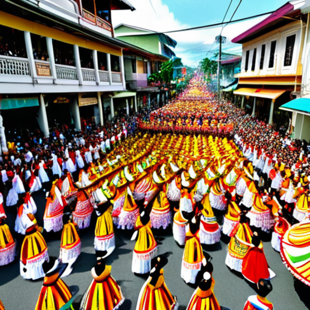 Sinulog Festival Scene**

"A vibrant street scene at the Sinulog Festival in Cebu, Philippines. Thousands of people in colorful, modest costumes dance in the street. Decorated floats are visible in the background. Focus on the joyful energy and cultural celebration. Safe for work, appropriate content, fully clothed, professional photography, perfect anatomy, natural proportions, family-friendly."

**