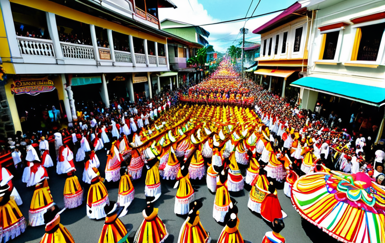 Sinulog Festival Scene**
"A vibrant street scene at the Sinulog Festival in Cebu, Philippines. Thousands of people in colorful, modest costumes dance in the street. Decorated floats are visible in the background. Focus on the joyful energy and cultural celebration. Safe for work, appropriate content, fully clothed, professional photography, perfect anatomy, natural proportions, family-friendly."
**