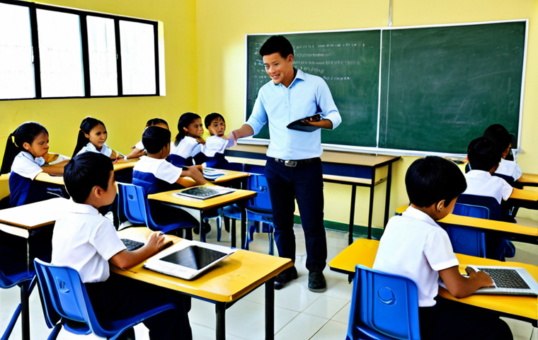 Modernizing Education with Technology**
"A bright, modern classroom in the Philippines, filled with engaged students using laptops and tablets. The teacher is facilitating a lesson, incorporating interactive digital tools. Emphasis on collaboration and active learning. Safe for work, appropriate content, fully clothed, professional, family-friendly, perfect anatomy, natural proportions, well-lit, high-resolution, educational setting."
**