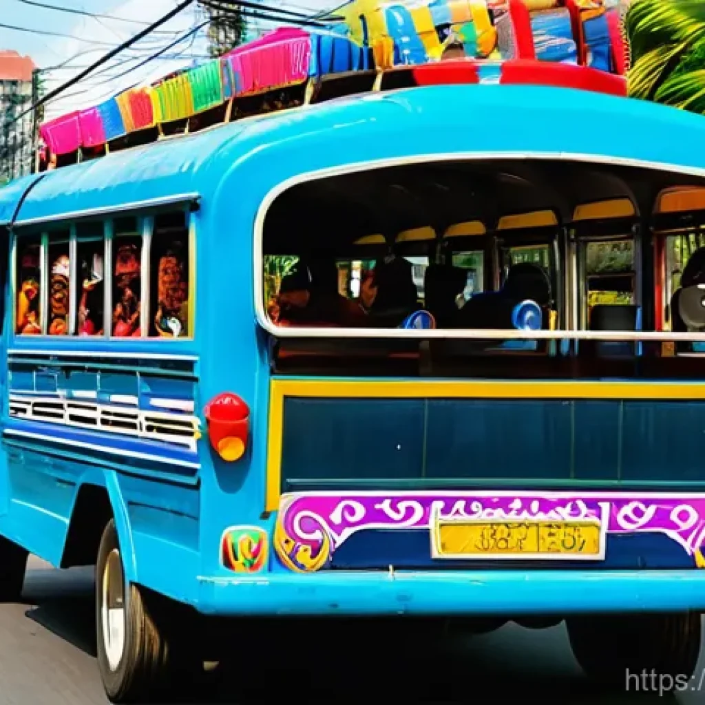 필리핀 대중교통 가이드 - **Vibrant Urban Jeepney Experience**
    A dynamic, high-angle street photography shot capturing a b...