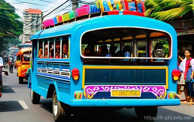 필리핀 대중교통 가이드 - **Vibrant Urban Jeepney Experience**
    A dynamic, high-angle street photography shot capturing a b...