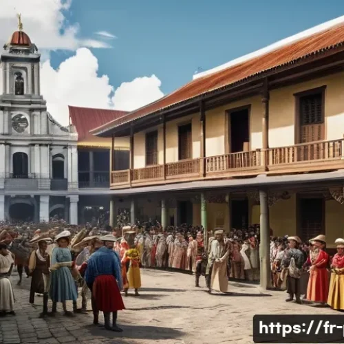 필리핀의 역대 대통령과 정치 - A detailed historical scene depicting the Philippines during the late Spanish colonial period: a bus...