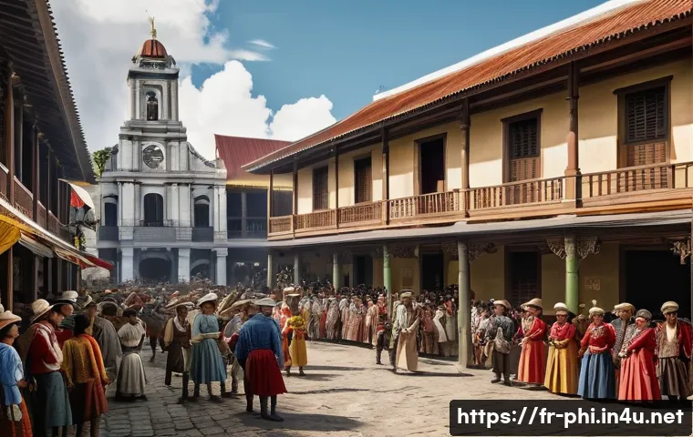 필리핀의 역대 대통령과 정치 - A detailed historical scene depicting the Philippines during the late Spanish colonial period: a bus...
