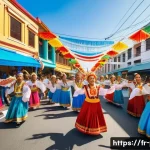필리핀 소셜미디어 해시태그 트렌드 - A vibrant Filipino street festival scene during Sinulog, featuring diverse participants wearing colo...