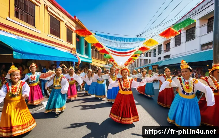 필리핀 소셜미디어 해시태그 트렌드 - A vibrant Filipino street festival scene during Sinulog, featuring diverse participants wearing colo...