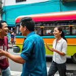 필리핀어와 영어의 차이 - A vibrant street scene in Manila showcasing a diverse group of Filipino people engaged in lively con...