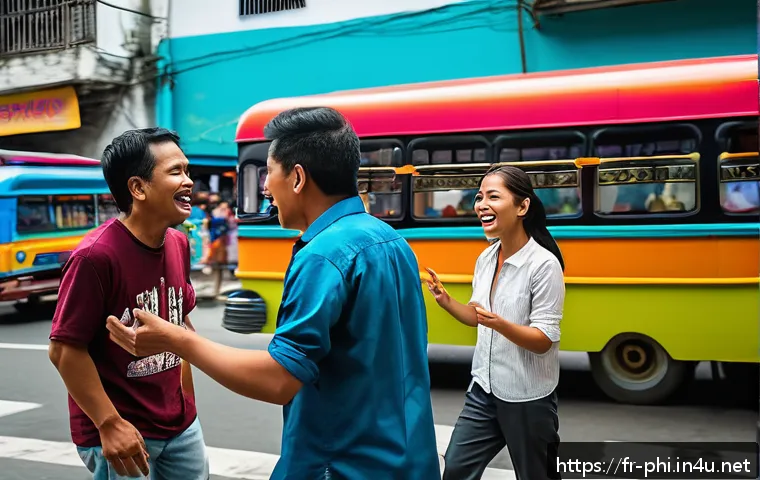 필리핀어와 영어의 차이 - A vibrant street scene in Manila showcasing a diverse group of Filipino people engaged in lively con...