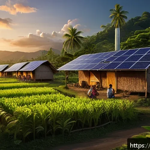 필리핀 전력 시스템과 문제점 - A detailed scene of a rural Filipino village at dusk, featuring traditional nipa huts surrounded by ...