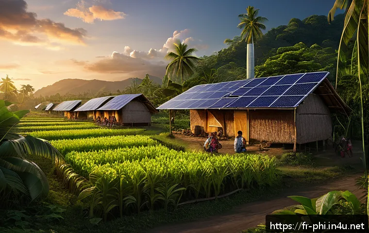 필리핀 전력 시스템과 문제점 - A detailed scene of a rural Filipino village at dusk, featuring traditional nipa huts surrounded by ...