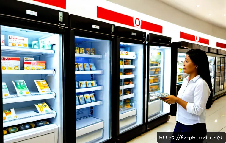 필리핀 가전제품 구매 팁 - Photorealistic wide shot inside a bright modern appliance store in Manila, a French-speaking travele...